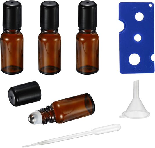 5ML Roller Bottles for Essential Oil, 4 Pack Empty Amber Glass Roller Bottle for Perfume Oil, Roll on Bottles with Stainless Steel Roller Balls, Opener, Funnel and Dropper