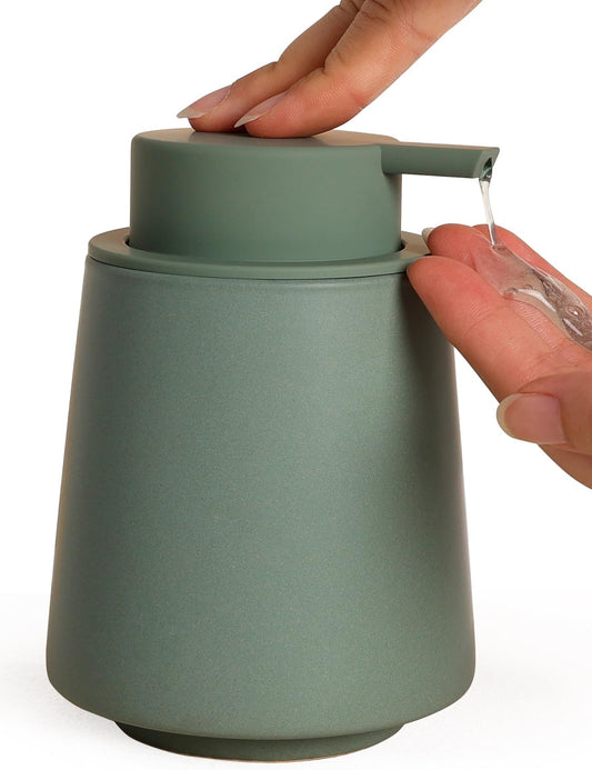 INGOFIN Ceramic Soap Dispenser, 14 oz Bathroom Hand Soap Dispenser, Liquid Dispenser with Pump, Refillable Modern Lotion Dish Dispenser for Kitchen, Matte Green