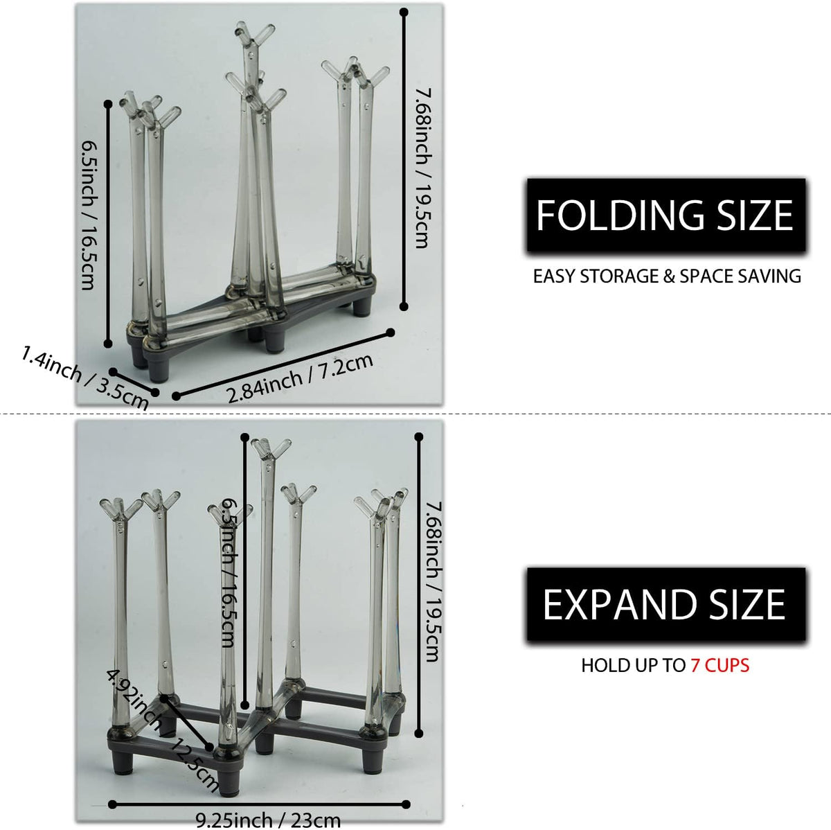 2 Pcs Cup Drying Racks Set, Retractable Drinking Glass & Baby Bottle Drainer Stand, PP Material Mug Draining Organizer, Kitchen Countertop Dishes Holder, Gray
