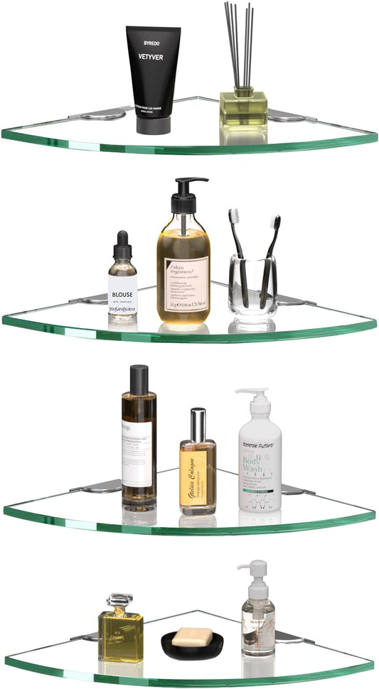 Corner Glass Shower Caddy 4 Pack 8MM-Thick Tempered Glass Shelf No Drilling Wall Mount Corner Mounted Shelves Space Saver Adhesive Bathroom Home Shelf Shampoo Holder Organizer Strong Adhesion