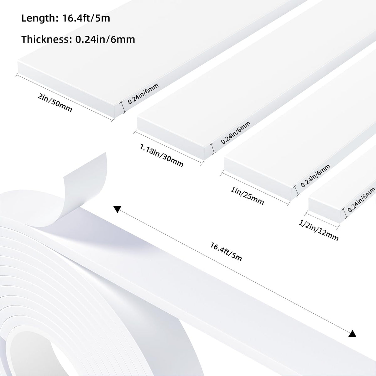 Weather Stripping Door Seal White,2Inch Wide X 1/4 Inch Thick,Air Conditioner Window Seal,Self Adhesive Foam Tape High Density Foam Sealing Strip,Soundproof Foam Tape Roll,Total 16.4 Feet Long