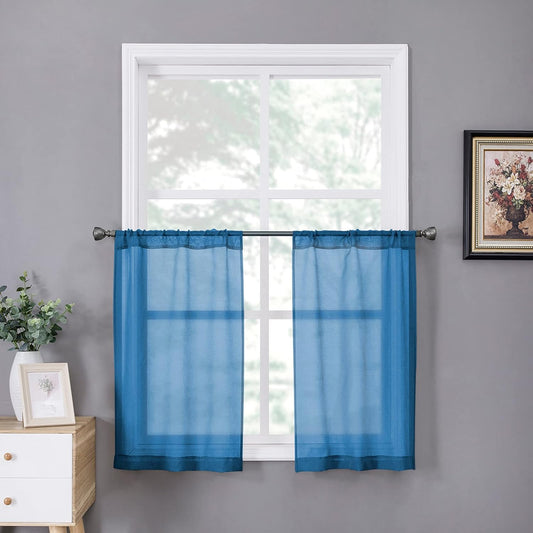 Tollpiz Short Sheer Tier Curtains Linen Textured Half Kitchen Curtain Sheers Light Filtering Rod Pocket Voile Small Curtain for Bathroom, 25 x 24 inches Long, Classic Blue, Set of 2 Panels