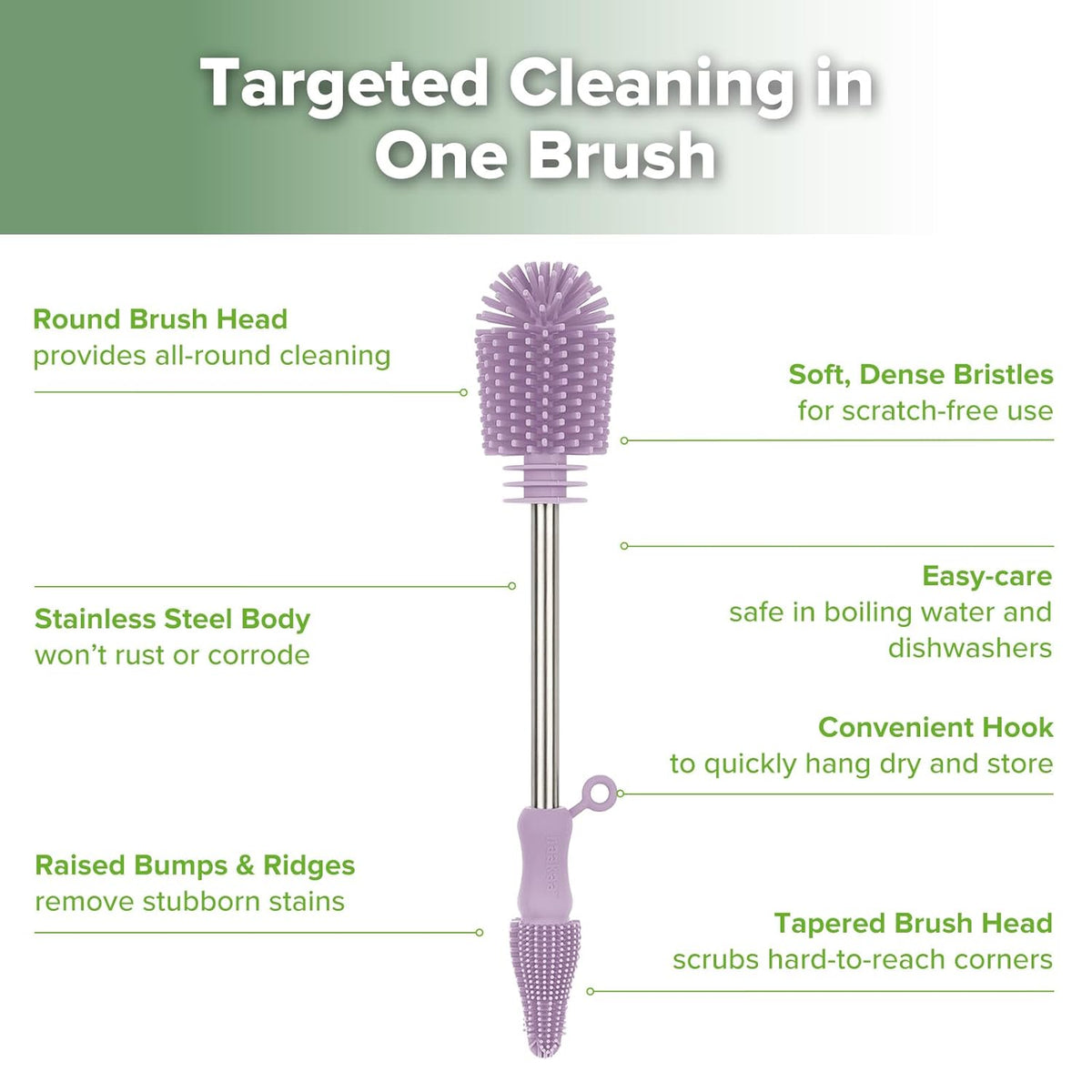 haakaa Cleaning Brush Silicone Bottle Brush Double-Ended Soft Silicone Bristles for Breast Pumps, Breast Milk Collectors, Baby Bottles, Teats, Breastmilk Storage Bags,- Lavender -1pk