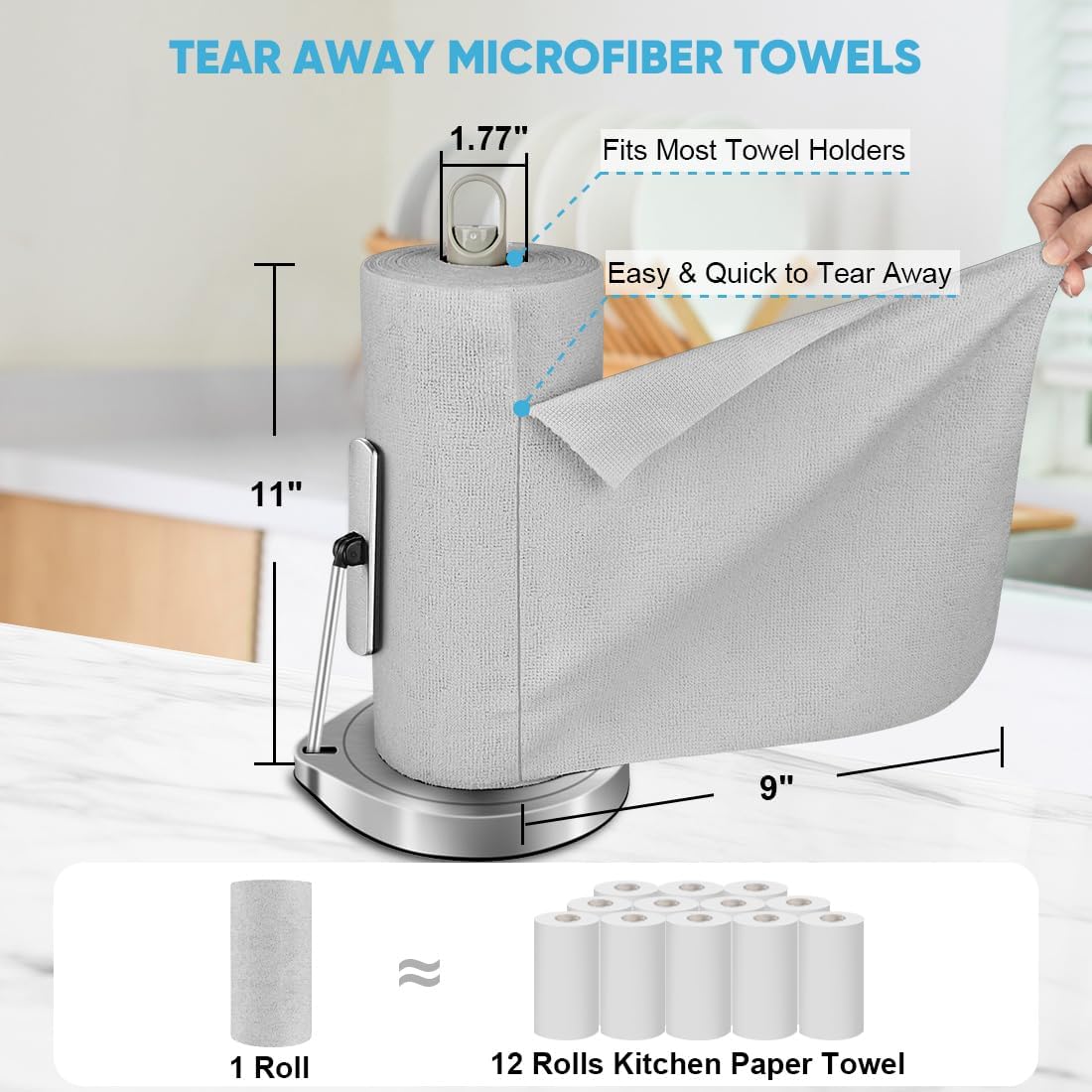 AIDEA Microfiber Cleaning Cloth Roll, Shop Towels 55 Sheets, Grey Microfiber Towels for Cars, Washable Shop Rags Reusable Paper Towel for Automotive, Workshop, House, Kitchen, Cleaning Supplies11×9"
