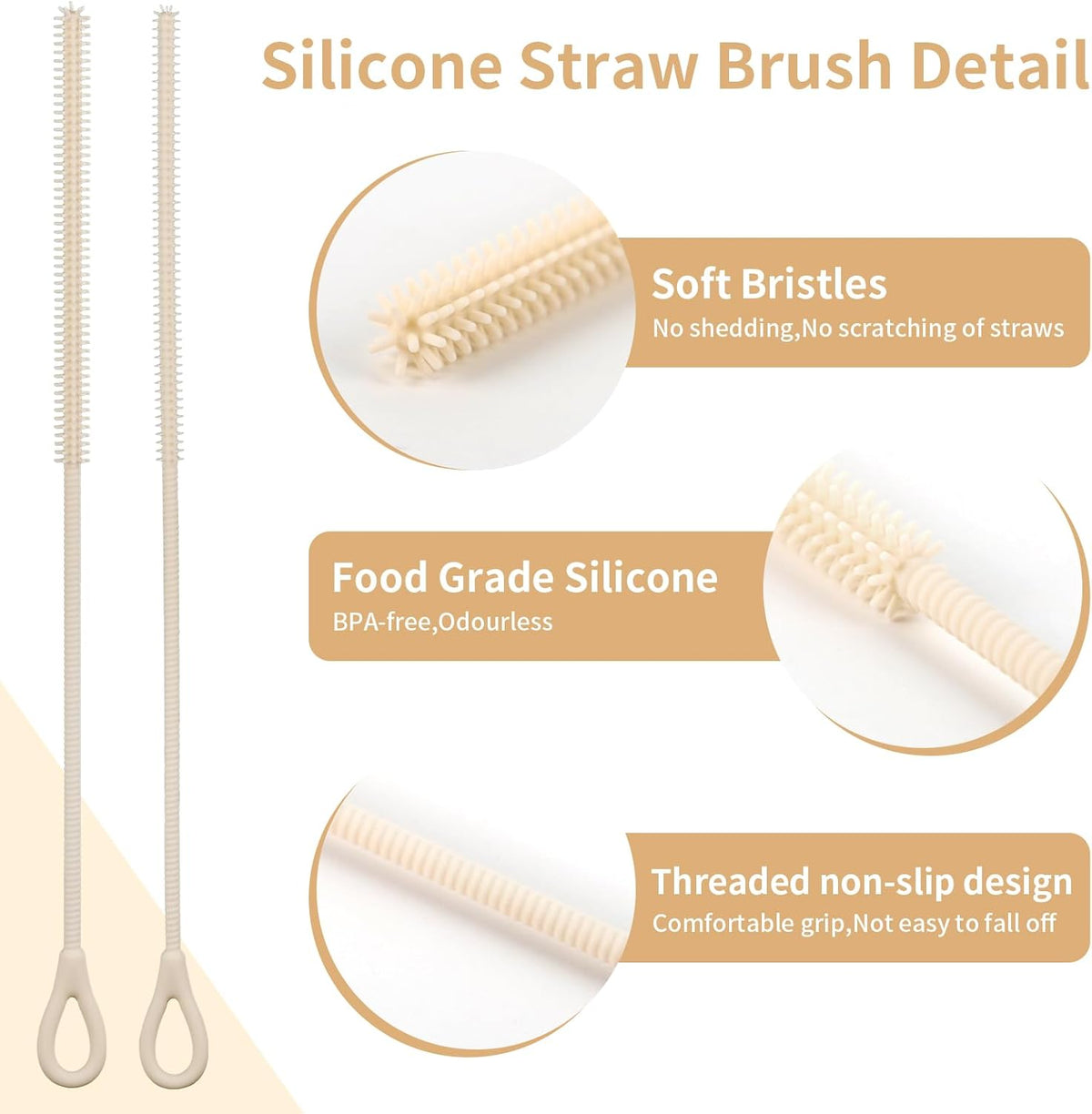 2Pcs Silicone Straw Cleaner Brush, 9.84in Reusable Straw Cleaner with Bendable Steel Core, Extra Long Soft Bottle Brush for Clearing Glass Straws, Smoothie Straws, 9mm&6mm (Beige)