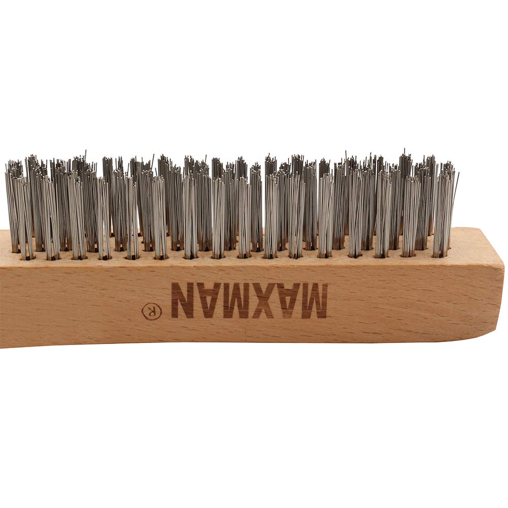 MAXMAN Wire Brush, Heavy Duty Stainless Steel Wire Brushes for Cleaning Rust, Grill Brush, Steel Brush for Paint Removal, Welding, Stiff Bristle Metal Brush with 10" Long Beech Handle, Large, 2Pcs