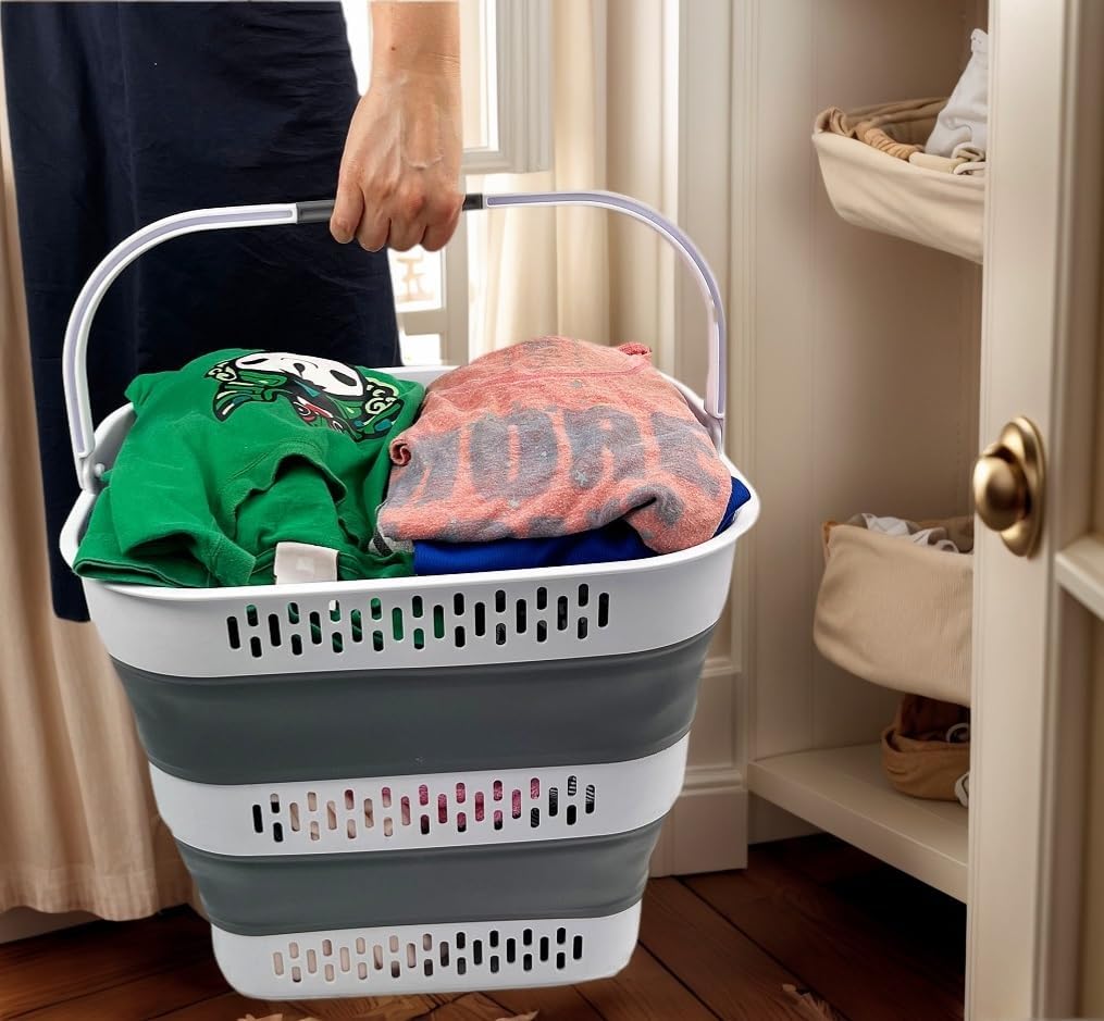 SAMMART 40L (10.5 Gallon) Collapsible Plastic Laundry Basket with Handles - Foldable Pop Up Storage Container/Organizer - Portable Laundry Hamper - Space Saving (1, White/Steel Grey)