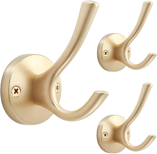Gold Coat Hooks for Wall, 3 Pack Towel Hook Heavy Duty Metal Double Bath Robe Hook Wall Mount, Hat Hooks for Cubicle Bathroom Kitchen Closet Garage