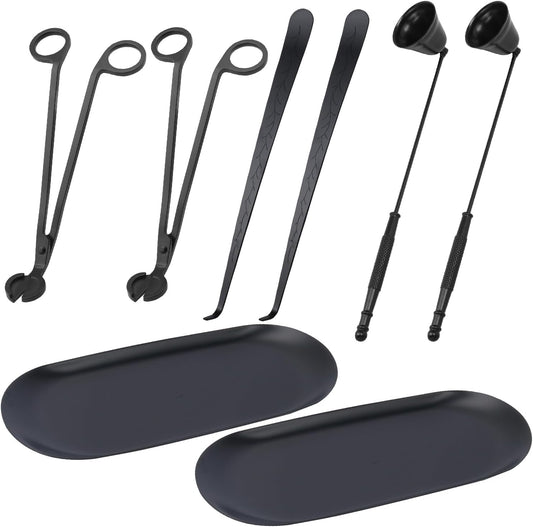 4 in 1 Candle Accessory Set with Storage Tray Plate, Premium Candle Wick Trimmer, Candle Snuffer, Wick Dipper & Storage Tray Plate with Gift Package, Ideal for Scented Candle Lovers (Black)