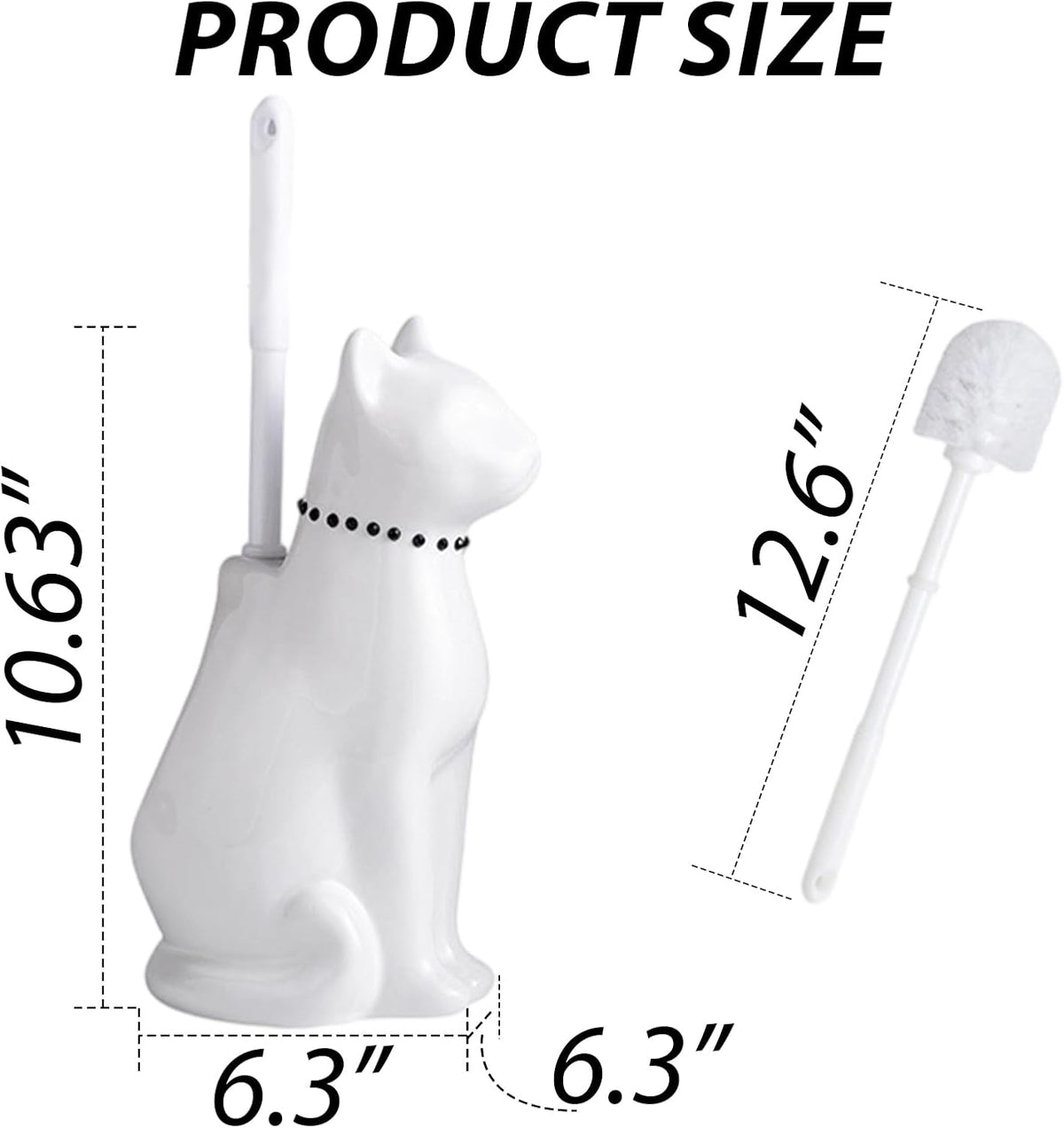 Comeon Ceramic Cat White/Black Toilet Brush and Holder Set, Plastic Handled Scrub Brush for Bathroom Cleaning,10.63"*6.3" (White)