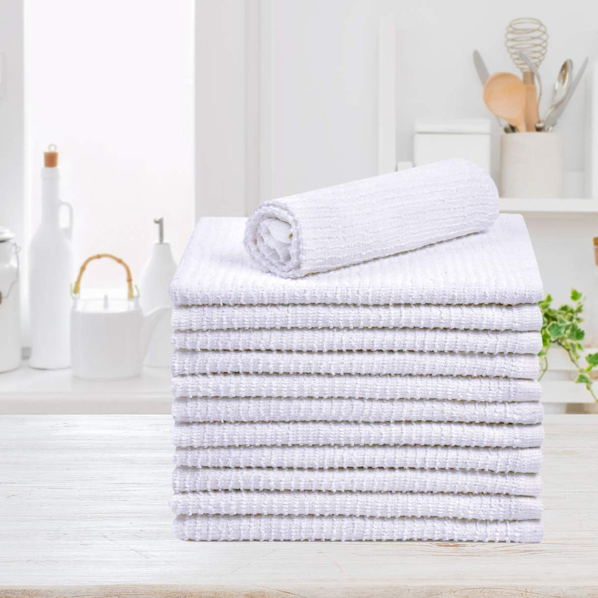 Bar Mop Towels 16”x19”, White Kitchen Bar Towel 12 Pack, 100% Cotton Ribbed Cleaning Cloths Rags, Super Absorbent Terry Shop Towels for Home Restaurant Commercial Use