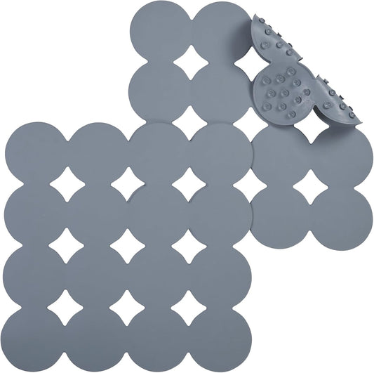 Square Shower Mat Nonslip - 2PCS Rubber Bathtub Mat with Suction Cups for Inside Shower Bathroom Floor (Grey, 21X21)