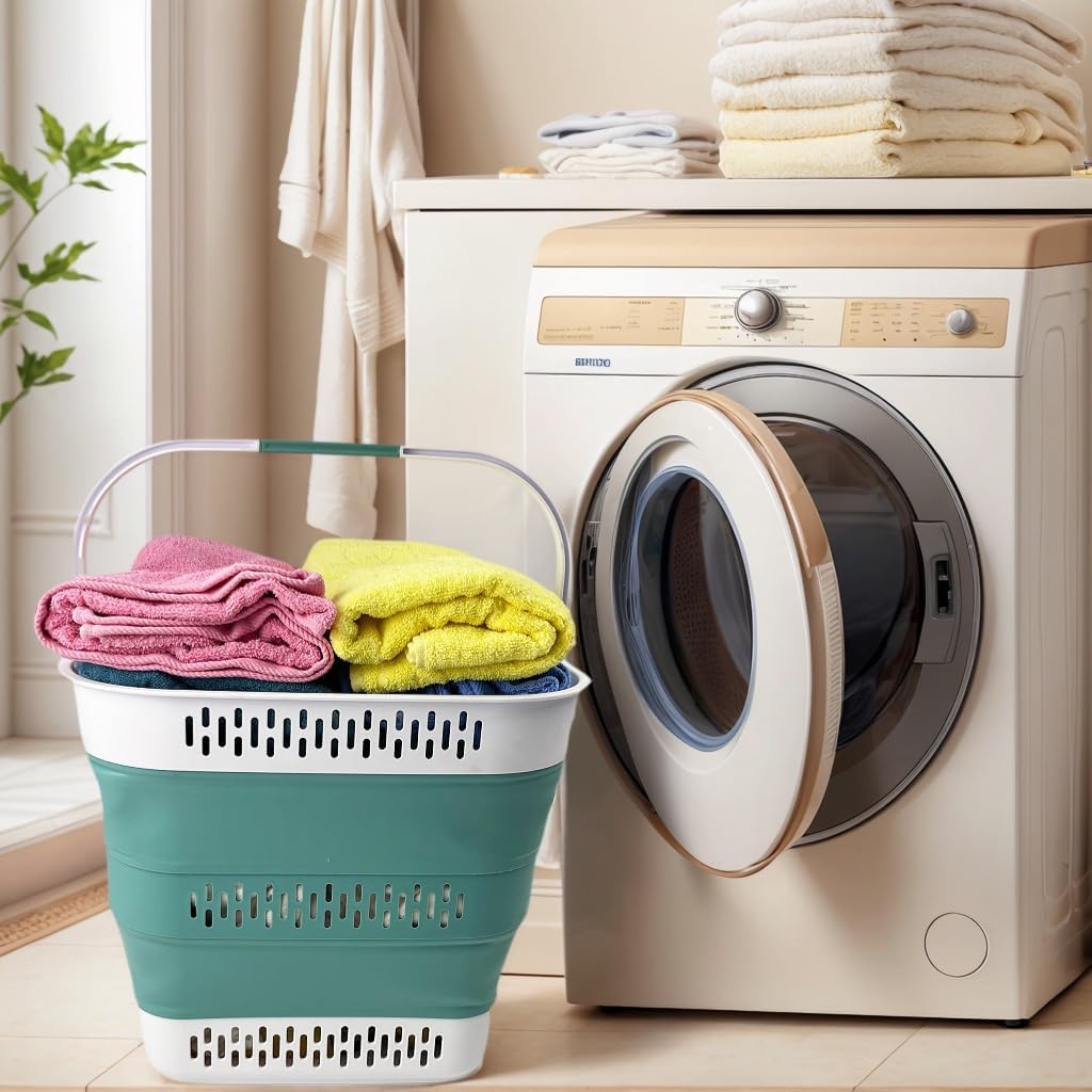 SAMMART 40L (10.5 Gallon) Collapsible Plastic Laundry Basket with Handles - Foldable Pop Up Storage Container/Organizer - Portable Laundry Hamper - Space Saving (1, White/Celadon Green)