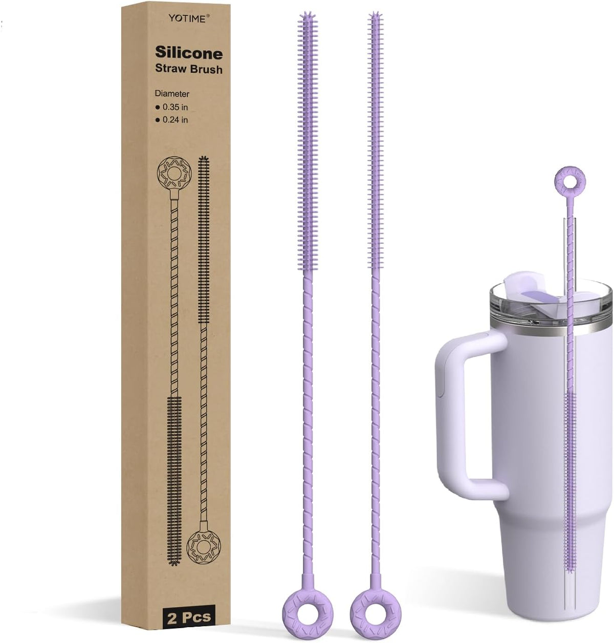YOTIME Silicone Straw Cleaner Brush, 2 Pcs Reusable Straw Brush(6mm+9mm) for Cleaning Narrow & Wide Straws, Tumblers, Purple