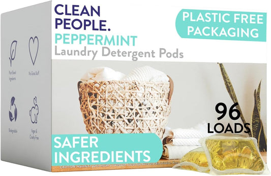 The Clean People Laundry Detergent Pods - Hypoallergenic Laundry Pods - Ultra Concentrated, Recyclable Packaging, Stain Fighting - Peppermint, 96 Pack