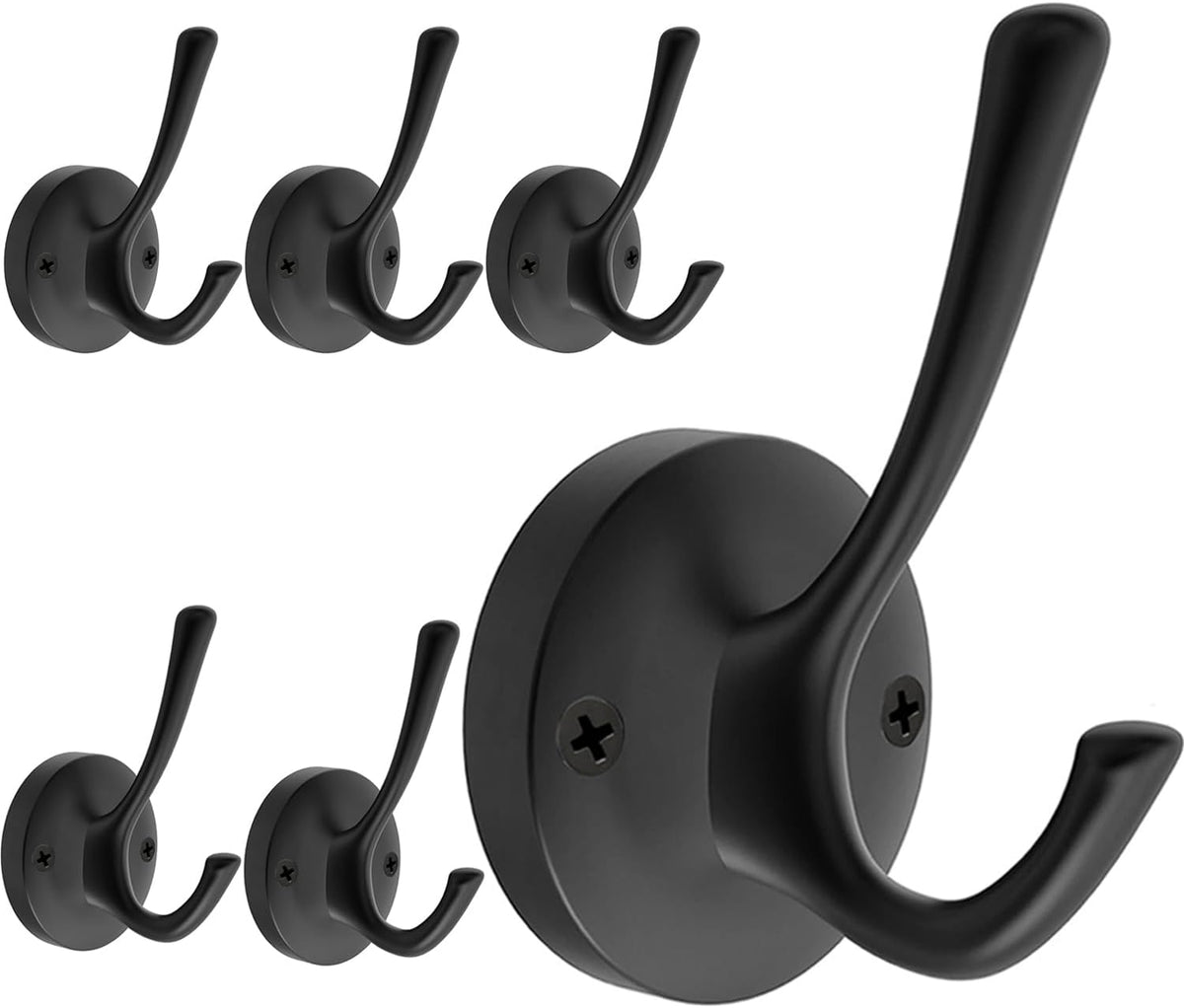 Black Wall Hooks, 6 Pack Coat Towel Hook Heavy Duty Metal Double Bath Robe Hook Wall Mounted, Hat Hooks for Cubicle Bathroom Kitchen Closet Garage
