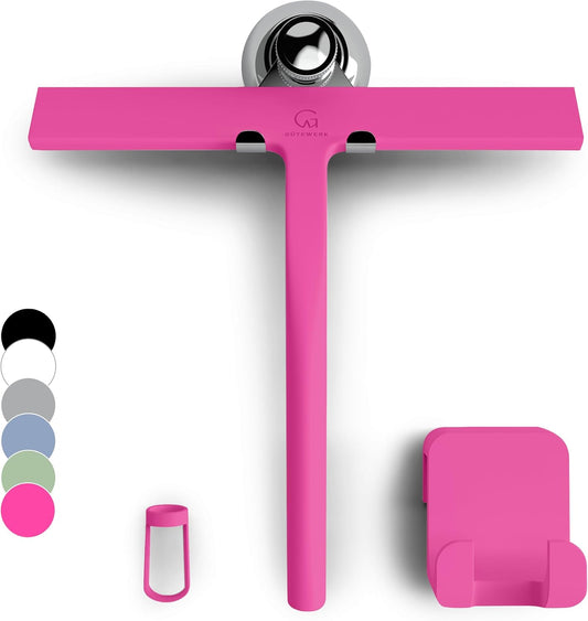 GÜTEWERK Shower Squeegee for Glass Doors, Silicone Window Squeegee, Bathroom and Glass Cleaning - Pink - 11 Inch