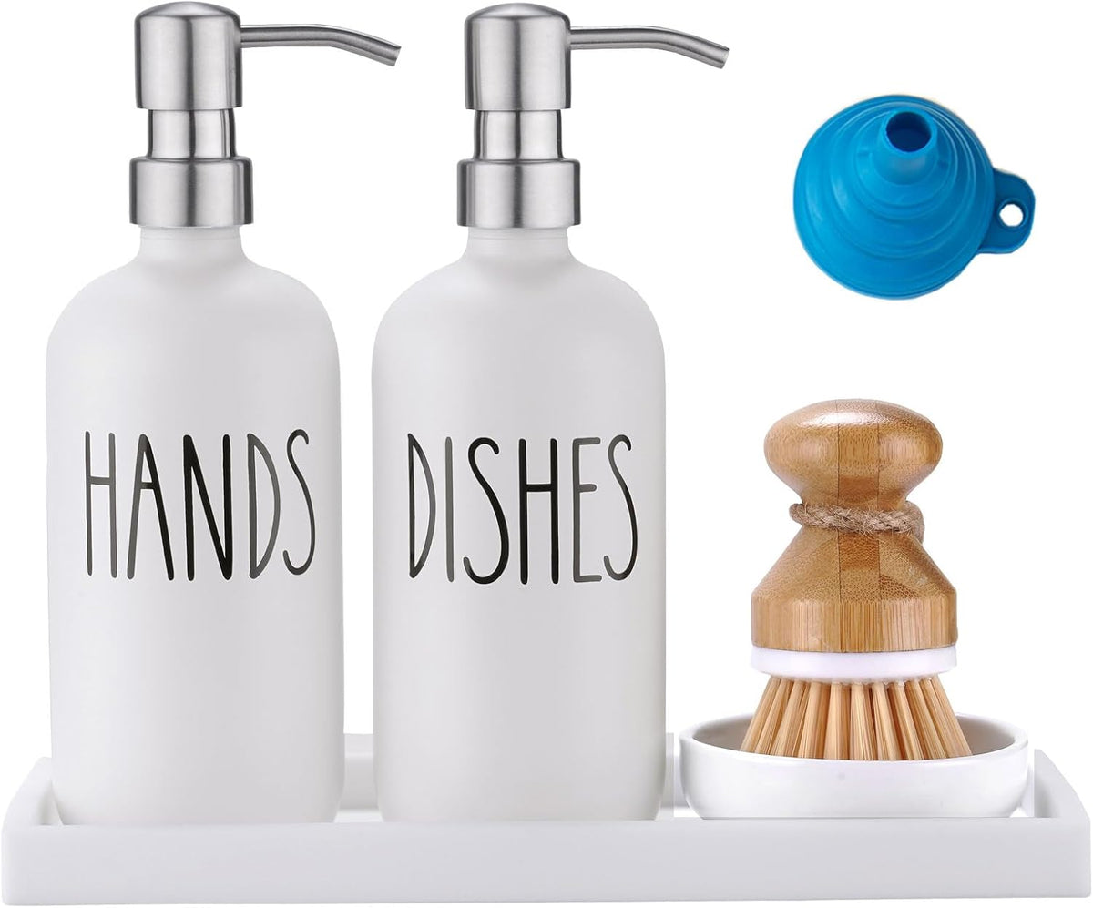 Glass Soap Dispenser for Kitchen,Farmhouse Kitchen Dish Hand Soap Dispenser Set,Rustproof Pump Soap Lotion Dispenser Set with Tray and Dish Brush,Kitchen Decor White-Silver Pump