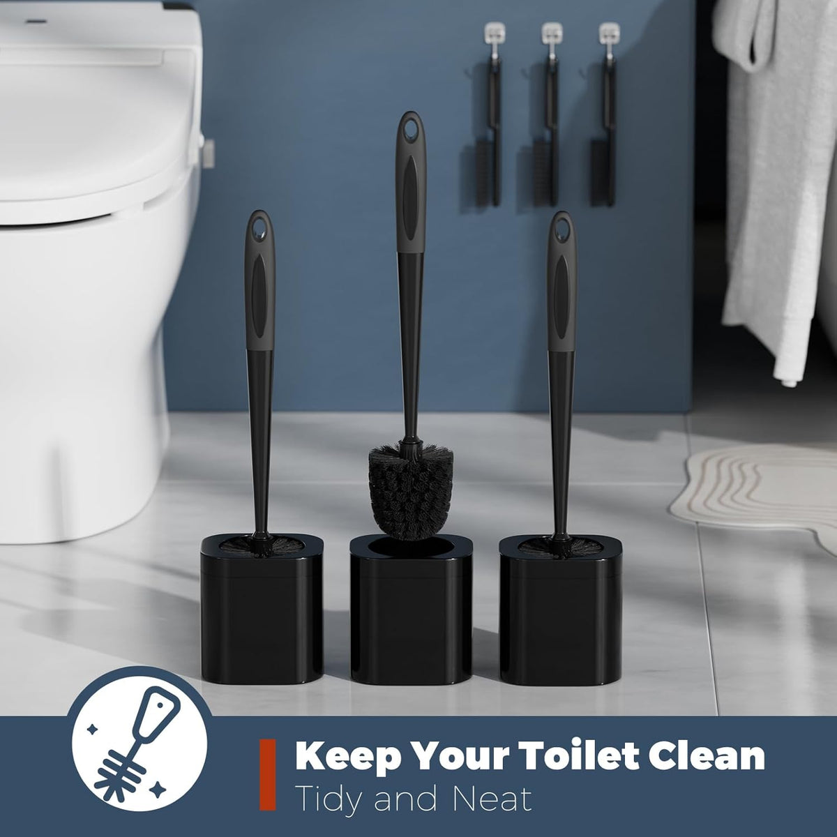 Toilet Brush, 3 Pack Toilet Brush and Holder Set Bathroom Accessories, Toilet Bowl Brush and Holder with 3 Crevice Brush for Bathroom, Toilet Scrubber Brush (Black)