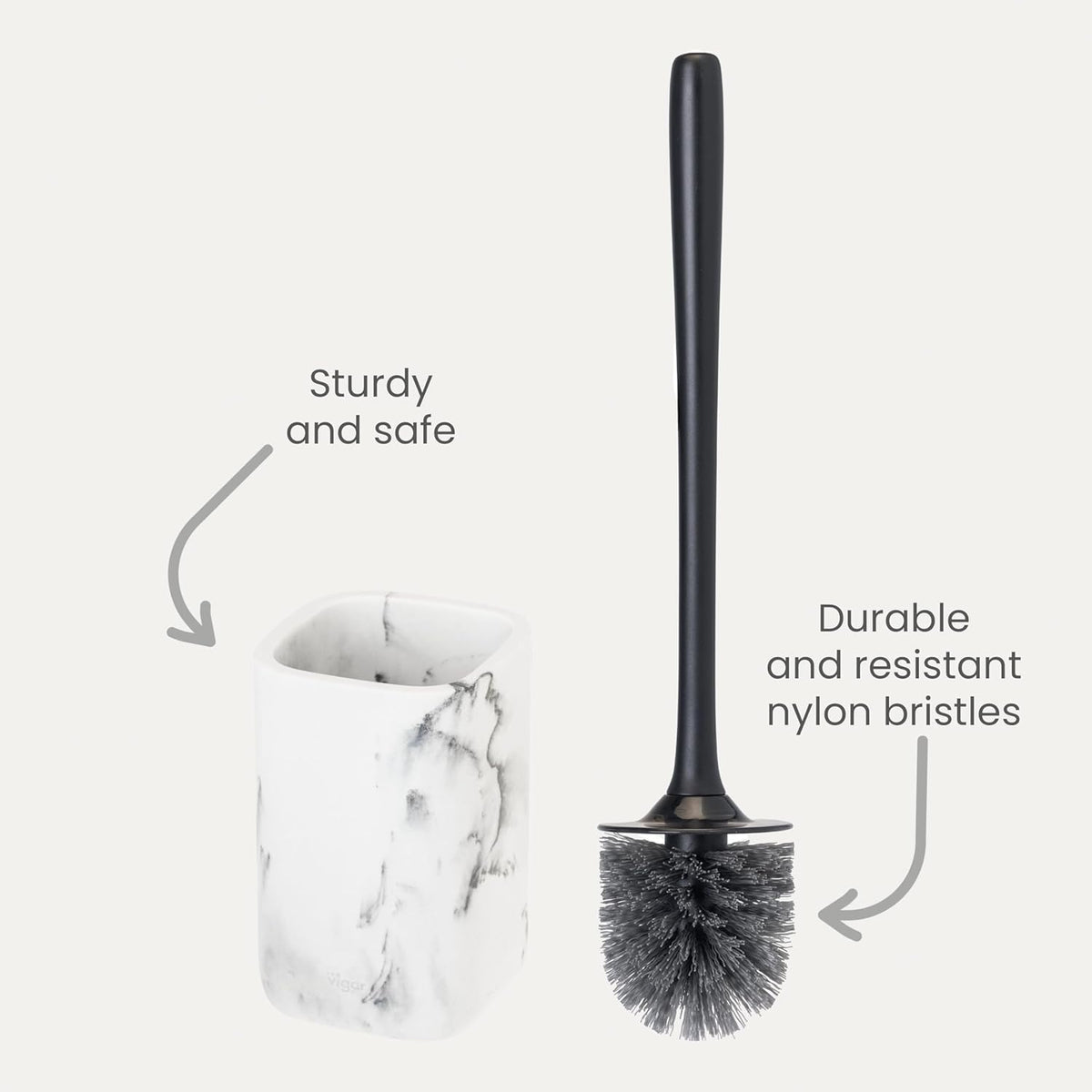 Vigar Zense Toilet Brush and Holder Set, Toilet Bowl Brush with Polyresin Stone Holder, Bathroom Sets for Bathroom Decor and Accessories, White Marble