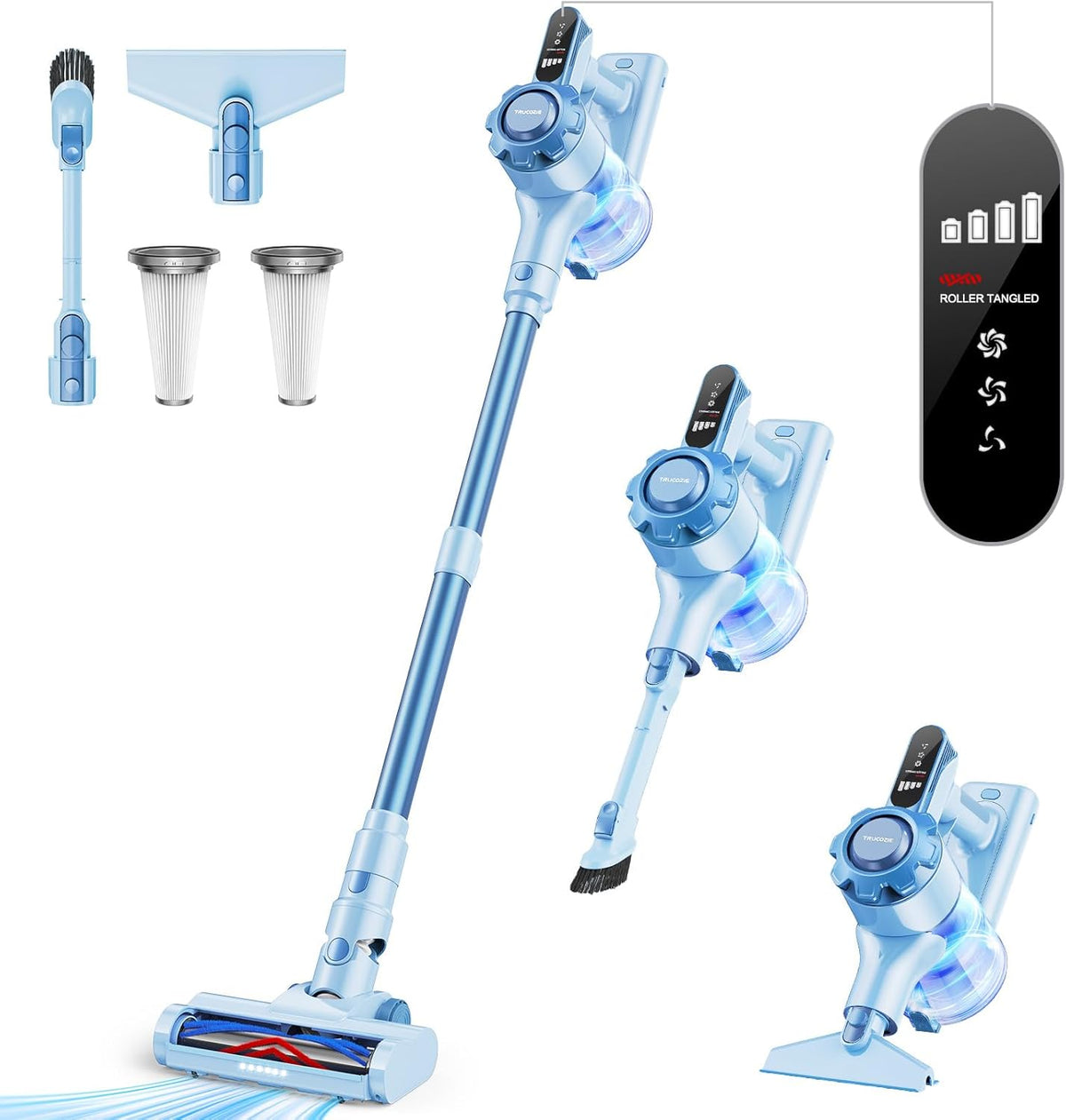 Trucozie Cordless Vacuum Cleaner, 8-in-1 Lightweight Stick Vacuum with 45mins Runtime, Powerful Suction, Rechargeable Cordless Vacuum for Carpet, Tile, Pet Hair, Hardwood Floors, Blue