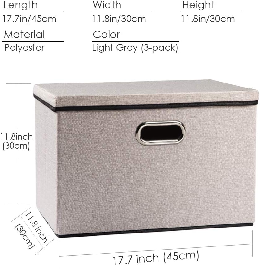 PRANDOM Large Foldable Storage Bins with Lids [3-Pack] linenFabric Decorative Storage Boxes Organizer Containers Baskets Cube with Handles Divider for Bedroom Closet Office Light Grey(17.7x11.8x11.8)