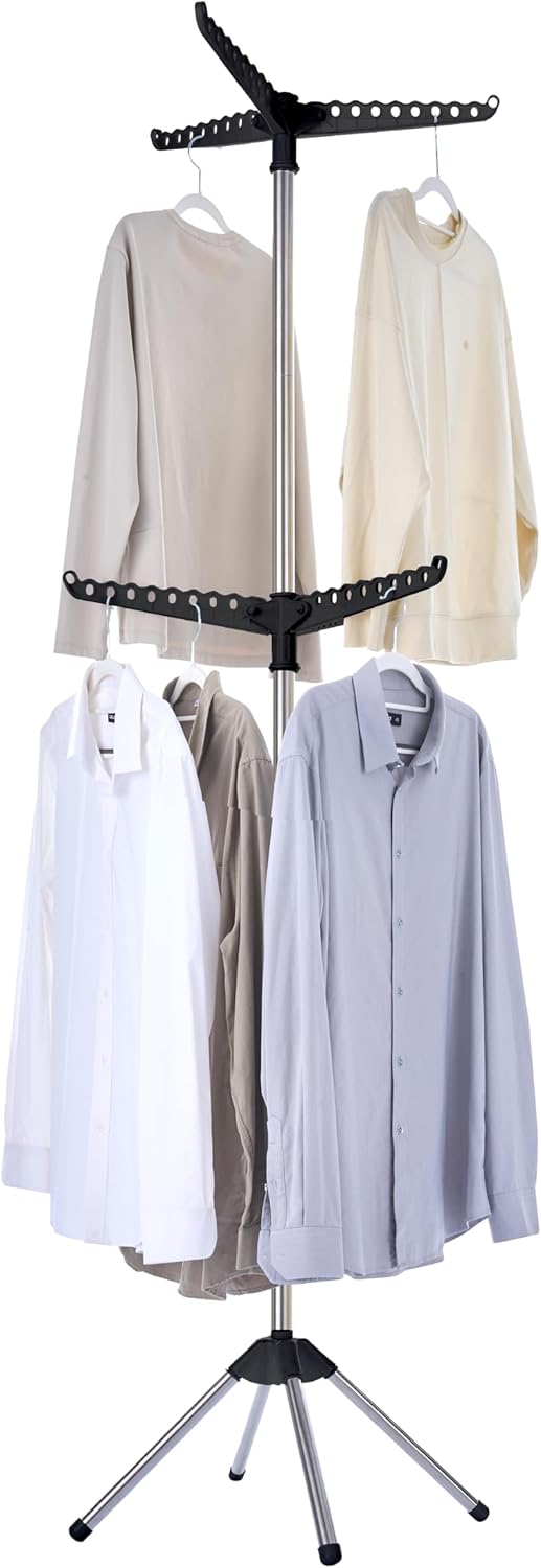 Clothes Drying Rack Foldable, 74.8 inch 2 Tier Laundry Drying Rack with Rotating Clothes Rail for 54 Pieces of Clothes, Space Saving, Indoor, Stainless Steel, Black and Silver CDR002B01