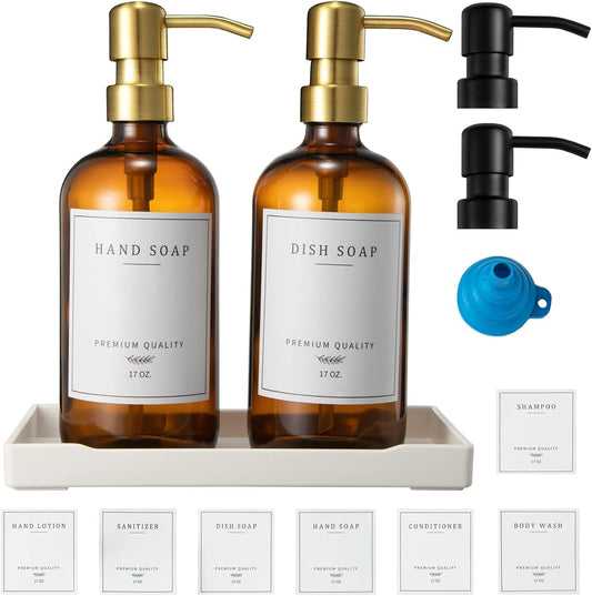 Glass Soap Dispenser for Kitchen Sink,Farmhouse Kitchen Dish Soap Dispenser&Hand Soap Dispenser Set,Rustproof Pump Bathroom Soap Dispenser with Tray,Waterproof Label for Kitchen Decor(Amber