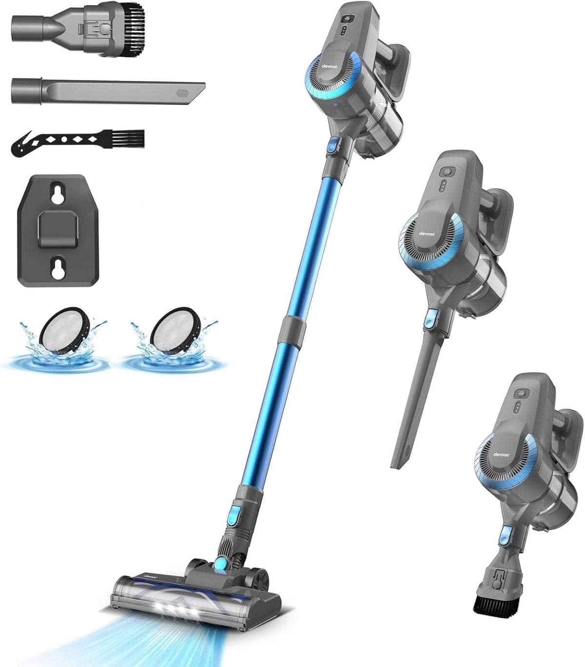 DEVOAC Cordless Vacuum Cleaner, Ultra-Lightweight Stick Vacuum, 2200mAh Battery Up to 40mins Runtime, 6 in 1 Powerful Handheld Vacuum for Home Hard Floor Carpet Pet Hair (Sea Blue)