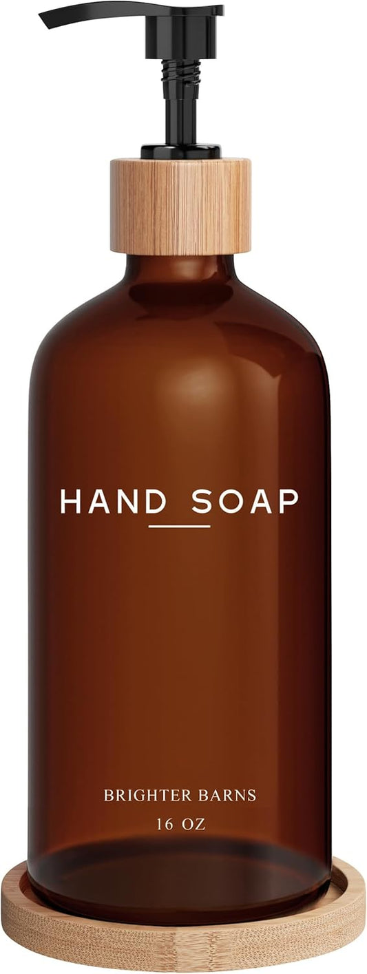 Amber Glass Hand Soap Dispenser Bathroom Set by Brighter Barns - Hand Soap Dispenser for Kitchen Sink & Bathroom - Bamboo Glass Bottle with Tray - Modern Home Decor for Spa, RV, Fitness Center (Amber)