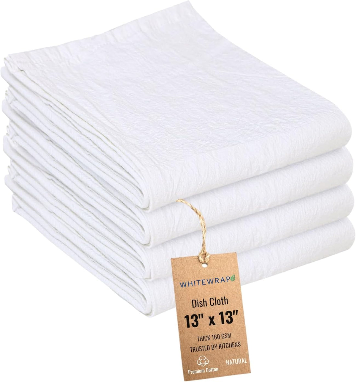 WHITEWRAP Dish Cloths Cotton| Kitchen Wash Cloth| Shop Towels Absorbent and Lint Free Flour Sack| Dishcloths for Kitchen Washing Dishes|Thick Absorbent Quick Dry Dish Rags |4 Pack 13"x13" Natural