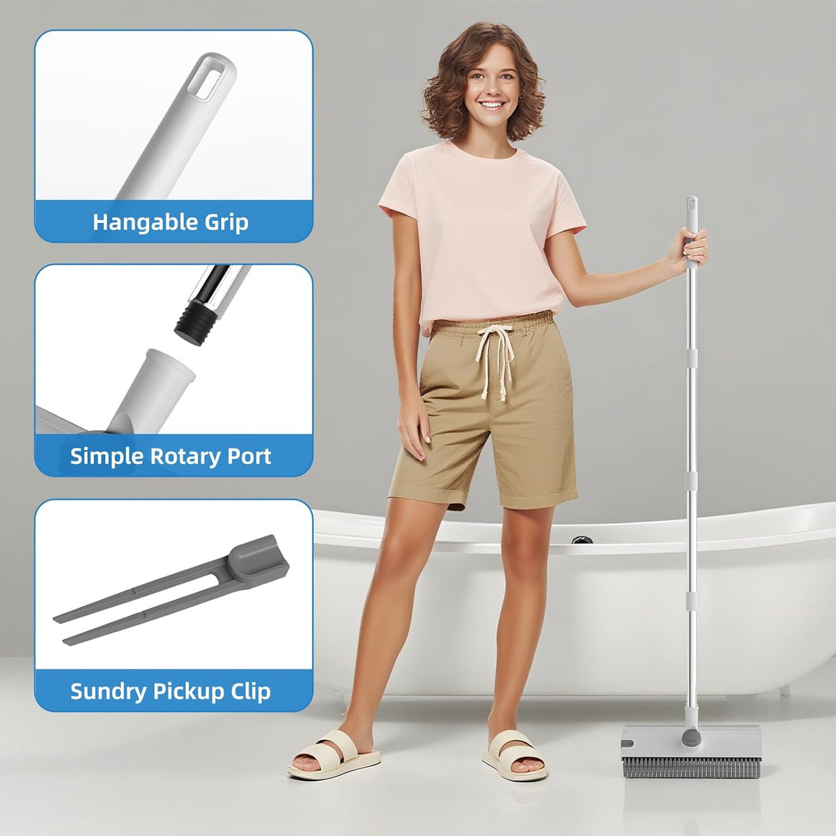 Scrub Brush with Long Handle, Floor Scrub Brush Squeegee Broom for Cleaning, 3 in 1 Shower Scrubber Floor Broom Squeegee for Concrete Tile Wall Deck Patio White