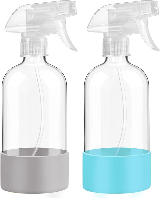 Glass Spray Bottles with Silicone Sleeve Protection, 16 oz 2 Pack, Empty Refillable Containers, Reusable Spray Bottles with Adjustable Nozzle for Hair, Cleaning Solutions and Plants , Blue&Grey