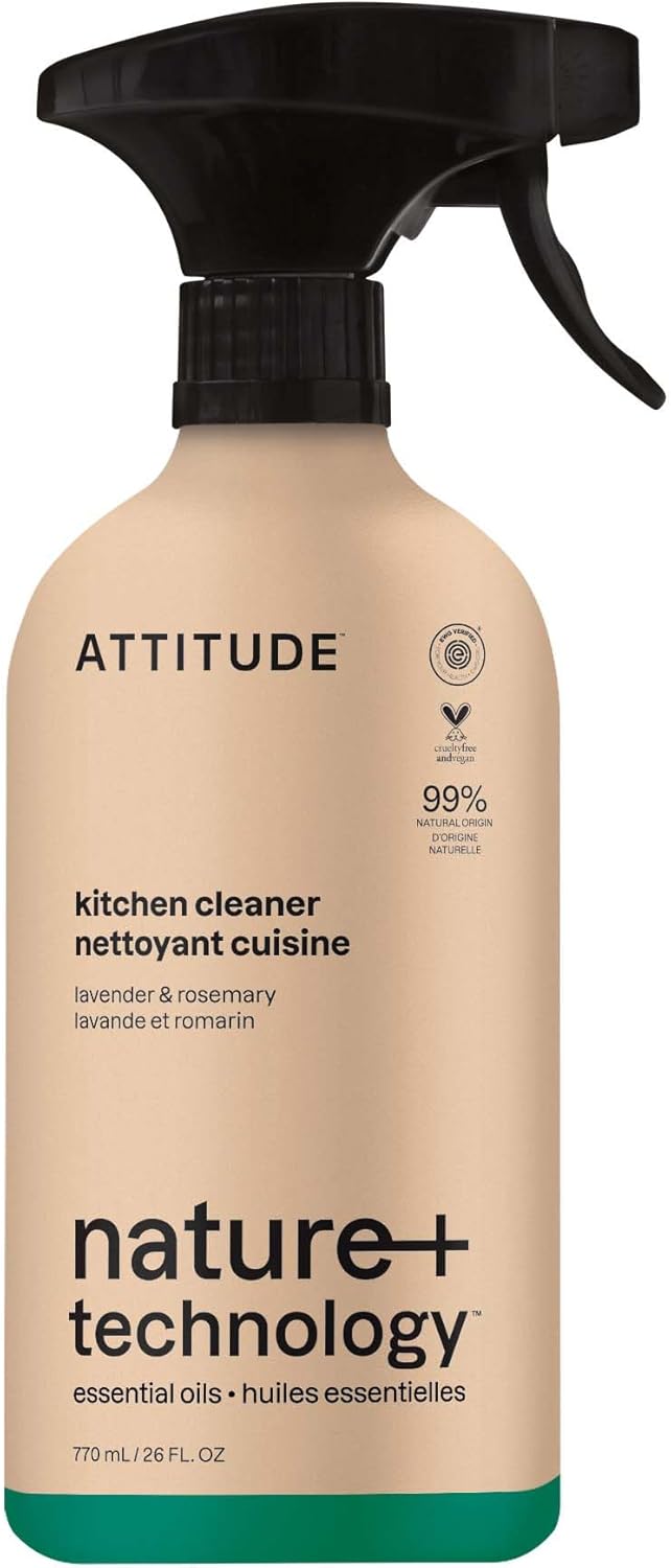 ATTITUDE Kitchen Cleaner Spray, Natural Origin Ingredients, EWG Verified, Cleans and Degreases, Streak-Less, Lavender & Rosemary, 26 Fl Oz