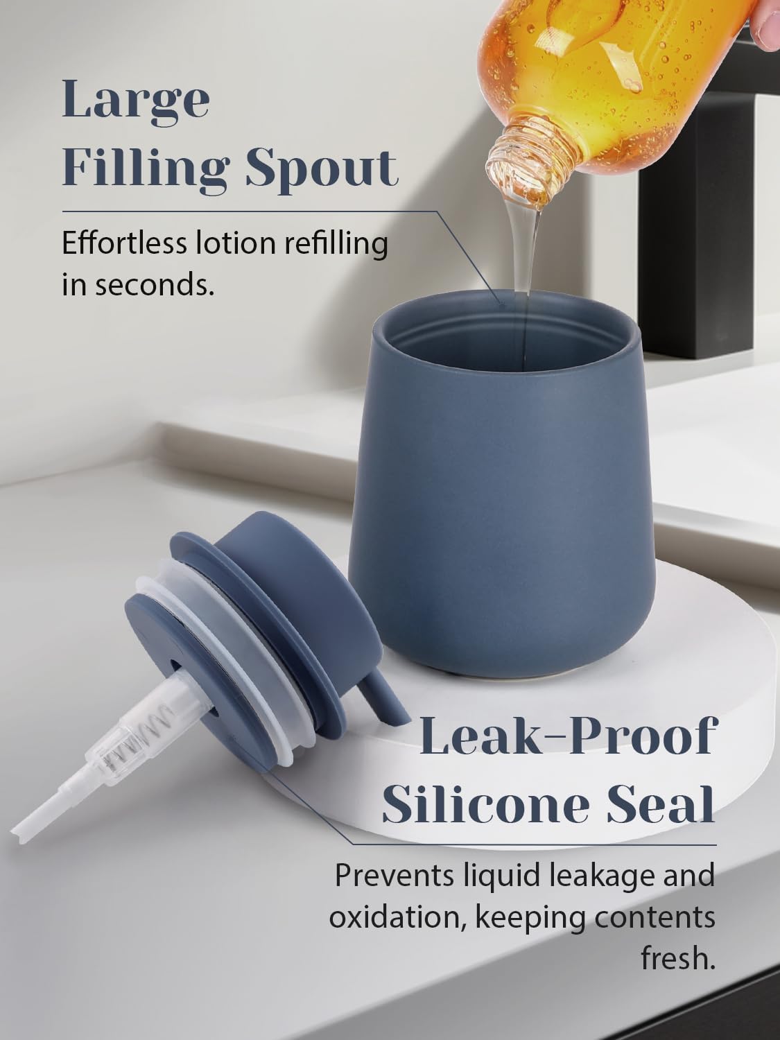 INGOFIN Ceramic Lotion Dispenser - 12oz Refillable Liquid Hand Soap Dispenser Bathroom, Modern Dish Soap Dispenser with Pump for Kitchen, Matte Blue