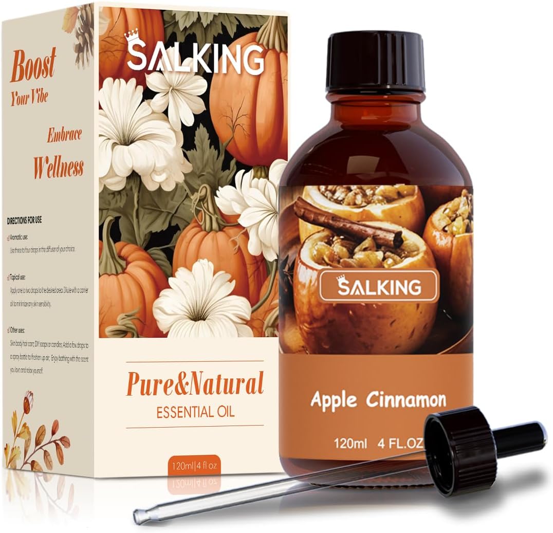 SALKING Apple Cinnamon Fragrance Oil, 120ml (4 Fl Oz) Premium Essential Oils for Diffuser, Candle Scents for Candle Making, Soap Making Supplies, Autumn Diffuser Oil, Halloween Thanksgiving Gift