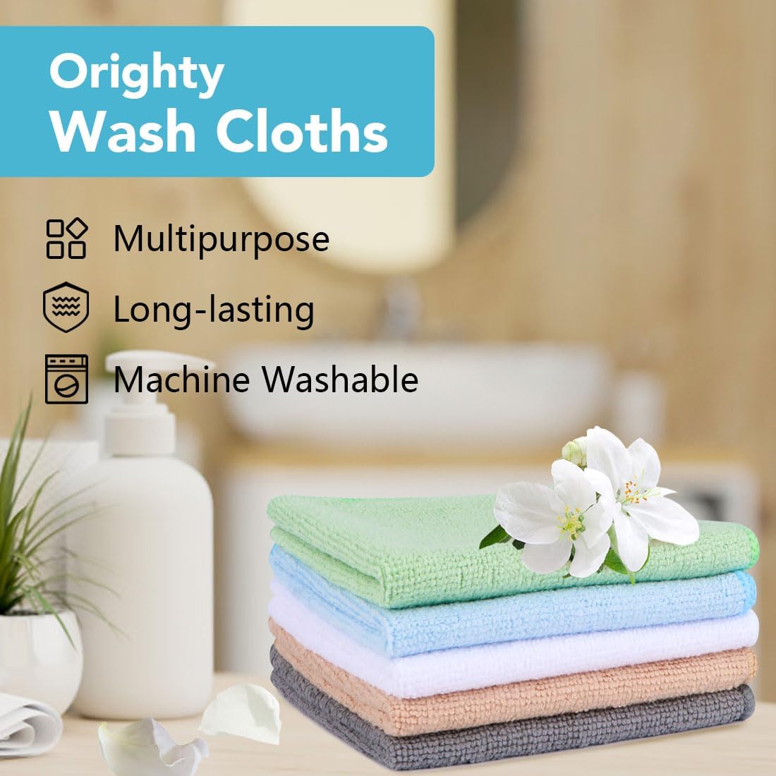 Orighty Wash Cloths Bulk Towels Set 200 Pack, Highly Absorbent and Soft Feel Microfiber Face Cloths, Multi-Purpose Washcloths & Hand Towels for Bathroom, Hotel, Spa, and Gym, 12x12 Inch, Multicolor