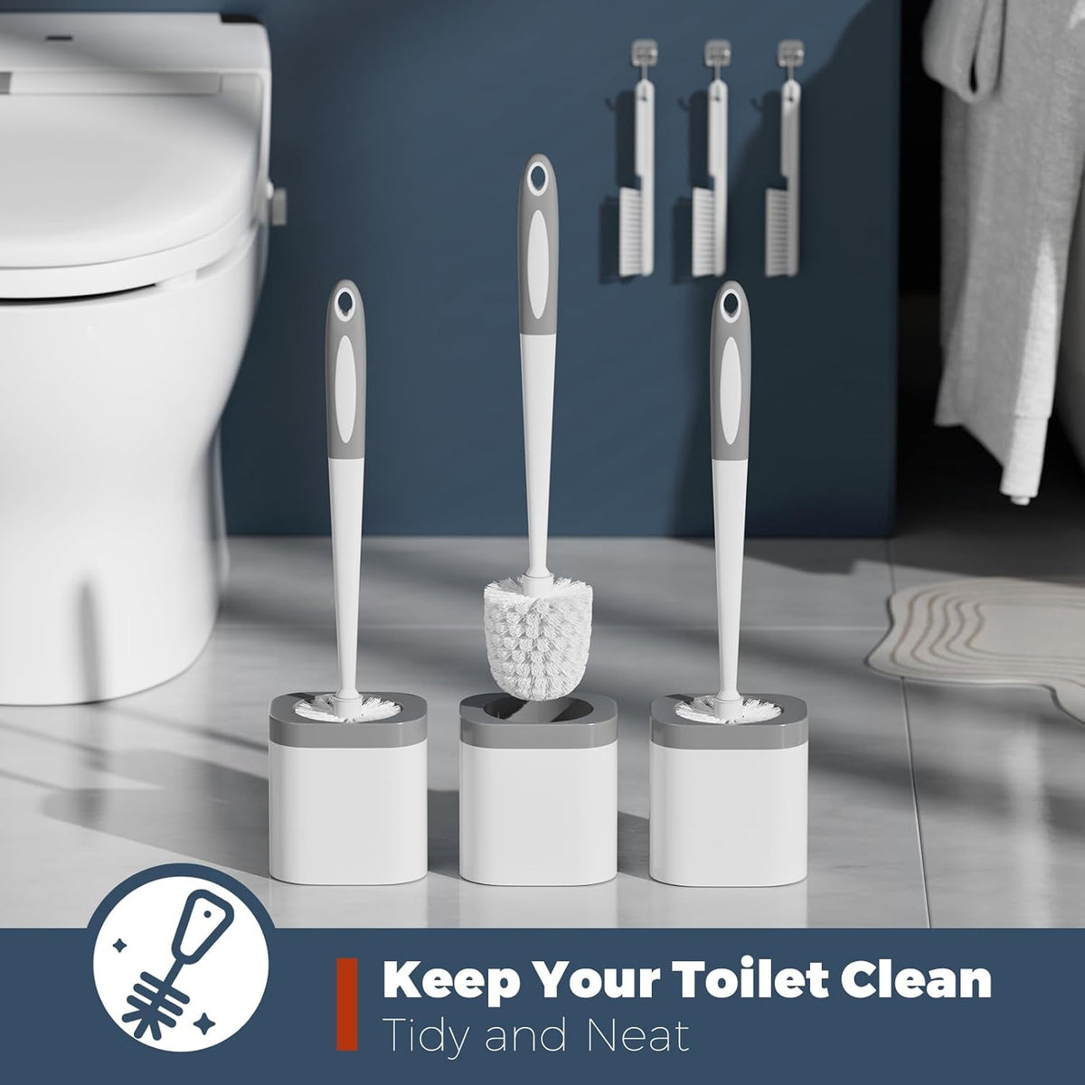 Toilet Brush, 3 Pack Toilet Brush and Holder Set Bathroom Accessories, Toilet Bowl Brush and Holder with 3 Crevice Brush for Bathroom, Toilet Scrubber Brush (White)