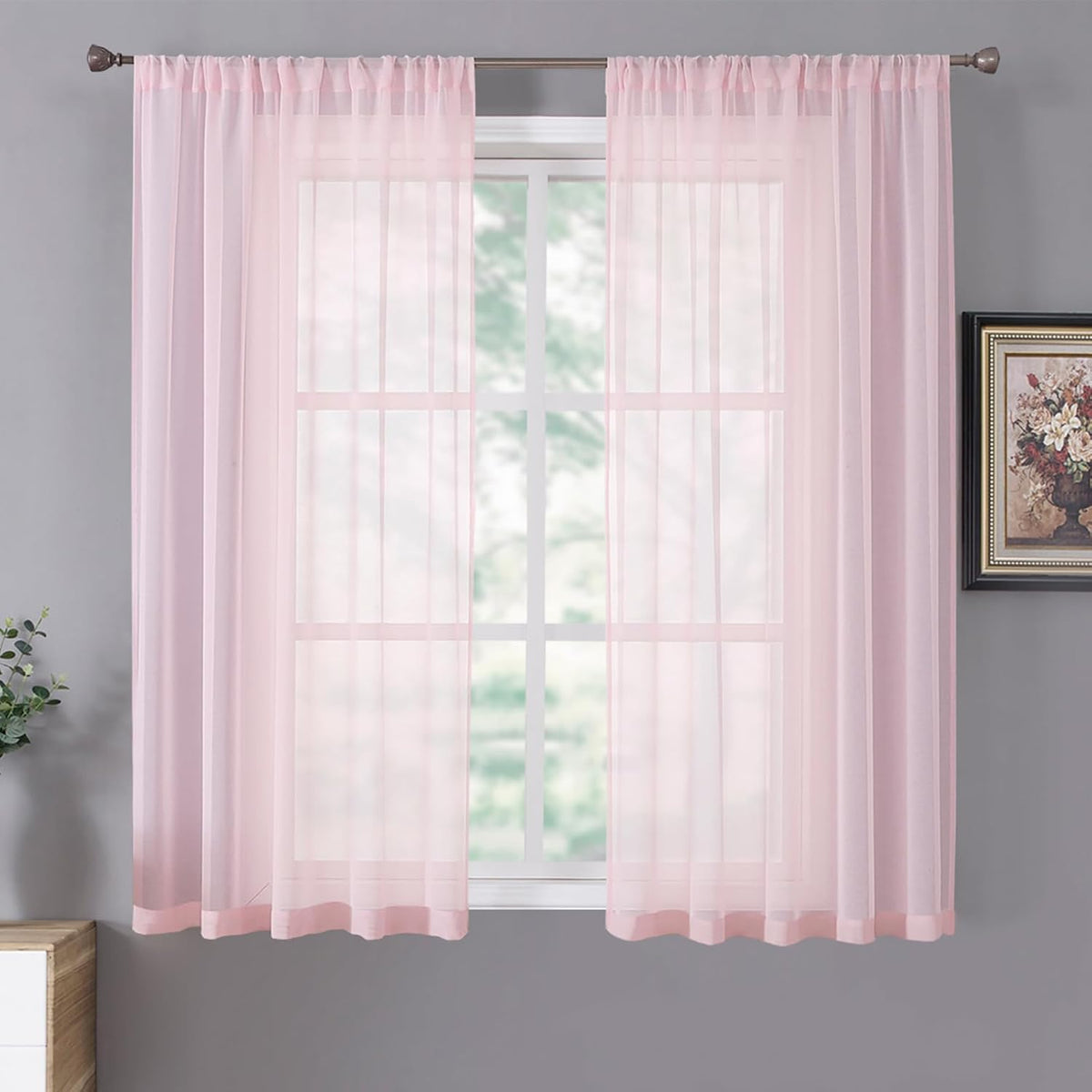 Tollpiz Short Sheer Curtain Linen Textured Bedroom Curtains Sheer Light Filtering Rod Pocket Voile Curtain for Living Room, 54 x 54 inches Long, Pink, Set of 2 Panels