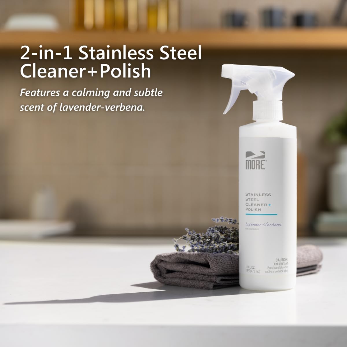 MORE - Stainless Steel Cleaner & Polish Spray + Microfiber Cloth - Stainless Steel Cleaner for Appliances, Sink, Fridge & Grill - Water-Based Streak-Free Formula - Lavender Essential Oil Scent 16 oz