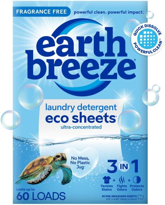 Earth Breeze Laundry Detergent Sheets Fragrance-Free - 60 Loads Eco Liquidless Soap - Travel-Friendly for Hot & Cold Cycles, Tackles Tough Stains & Odors - Gentle on Sensitive Skin, 30 Ct