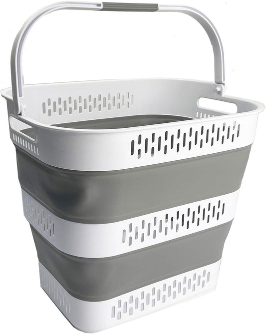 SAMMART 40L (10.5 Gallon) Collapsible Plastic Laundry Basket with Handles - Foldable Pop Up Storage Container/Organizer - Portable Laundry Hamper - Space Saving (1, White/Grey)