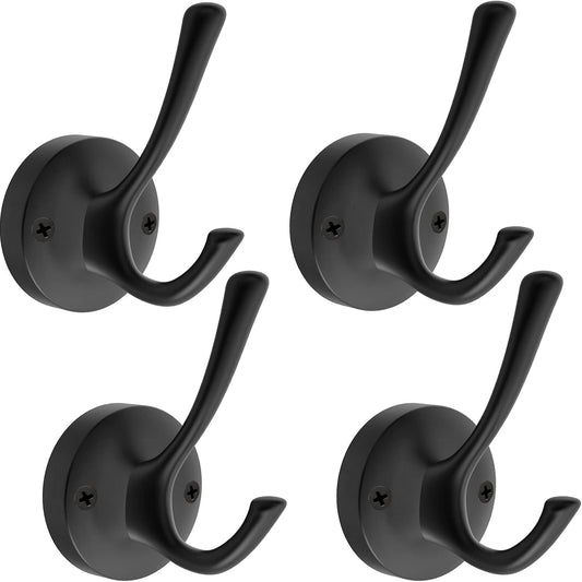 Matte Black Wall Hooks, 4 Pack Heavy Duty Coat Towel Hook Metal Double Backpack Hook Wall Mounted, Bath Towel Hooks for Entryway Cubicle Bathroom Closet Garage