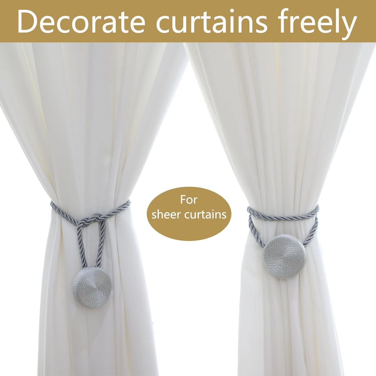 Magnetic Curtain Tiebacks - 12mm Magnetic Tie Backs for Curtains, Heavy Duty No Drill Curtain Holdbacks for Home/Office Windows Drapes, Elegant Gift-Ready Design 7 Colors (2, Gray)