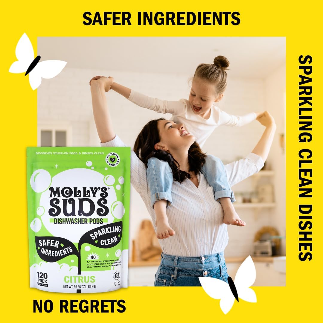 Molly's Suds Dishwasher Pods | Clean Dishwasher Detergent, Cuts Grease & Rinses Clean (Residue-Free) for Sparkling Dishes | 120 Auto-Release Tabs (Citrus)