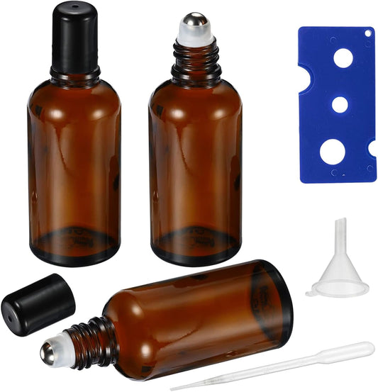 50ML Roller Bottles for Essential Oil, 3 Pack Empty Amber Glass Roller Bottle for Perfume Oil, Roll on Bottles with Stainless Steel Roller Balls, Opener, Funnel and Dropper