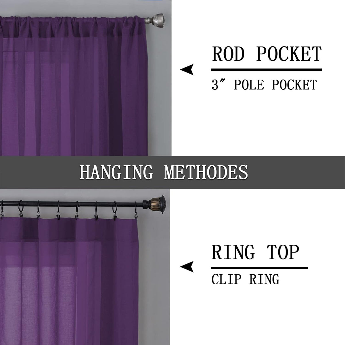 Tollpiz Short Sheer Curtain Linen Textured Living Room Curtains Sheer Light Filtering Rod Pocket Voile Curtain for Bedroom, 42 x 54 inches Long, Royal Purple, Set of 2 Panels