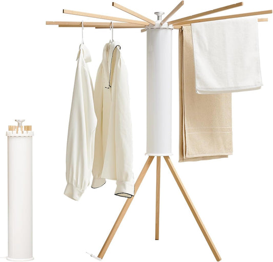 JOOM Tripod Clothes Drying Rack, Garment Rack Portable and Foldable Space Saving Laundry Drying Rack - Drying Rack Clothing 12 Rods Wooden