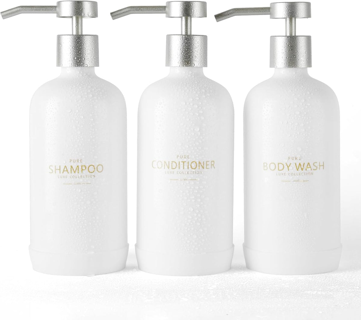 Shampoo and Conditioner Dispenser Set of 3,Refillable 21oz Shampoo Bottles with Non-Slip Protective Silicone Pad,Shower Soap Dispenser with Waterproof Labels for Bathroom (White)