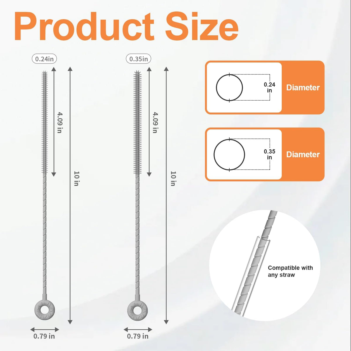 YOTIME Silicone Straw Cleaner Brush, 2 Pcs Reusable Straw Brush(6mm+9mm) for Cleaning Narrow & Wide Straws, Tumblers, Gray